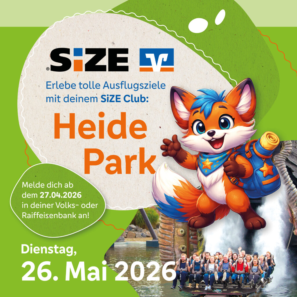 Size Logo der Volksbank. Text: Heide Park, Dienstag, 26. Mai 2026. Ein niedlicher Fuchs winkt uns zu