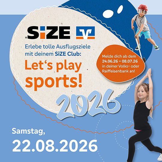 Grafik mit Kindern, die Sport machen, Text: “Let’s play sports”, Samstag, 22.8.2026