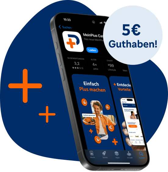 Handy mit der neuen App. Text: 5 Euro Guthaben